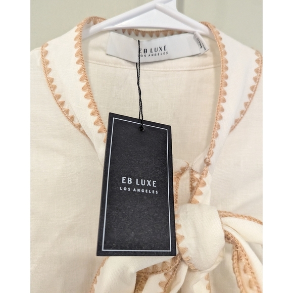 NWT! EB Luxe Cream Linen Blend Tie Neck Embroidered Detail Blouse Size Small - Picture 5 of 10